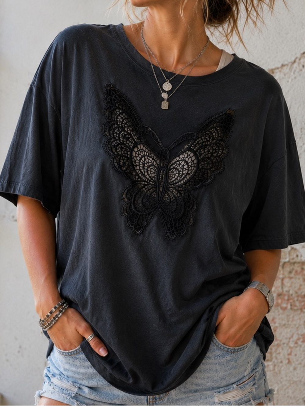 🦋 Tricia Fix Black Lace Butterfly Oversized Tee Top Size M Made in USA